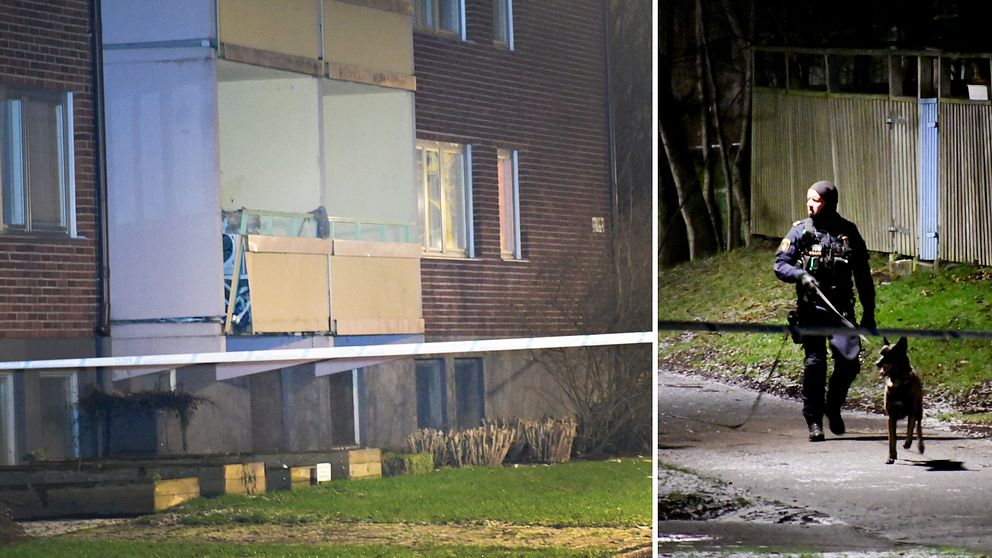 Polisen på plats på Hårds väg i Rosengård, där en explosion inträffade på en lägenhetsbalkong i ett flerfamiljshus, under tisdagskvällen