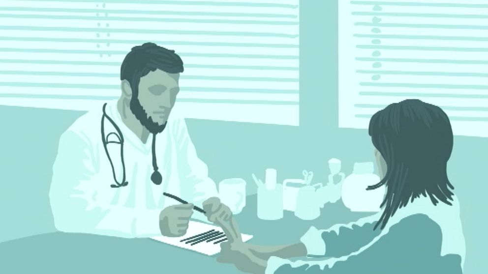illustration av en manlig läkare som sitter vid skrivbord med en patient