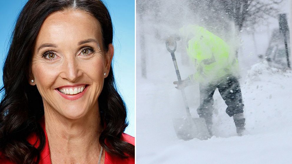 SVT:s meteorolog Pia Hultgren och snöskottare i yrande snö.