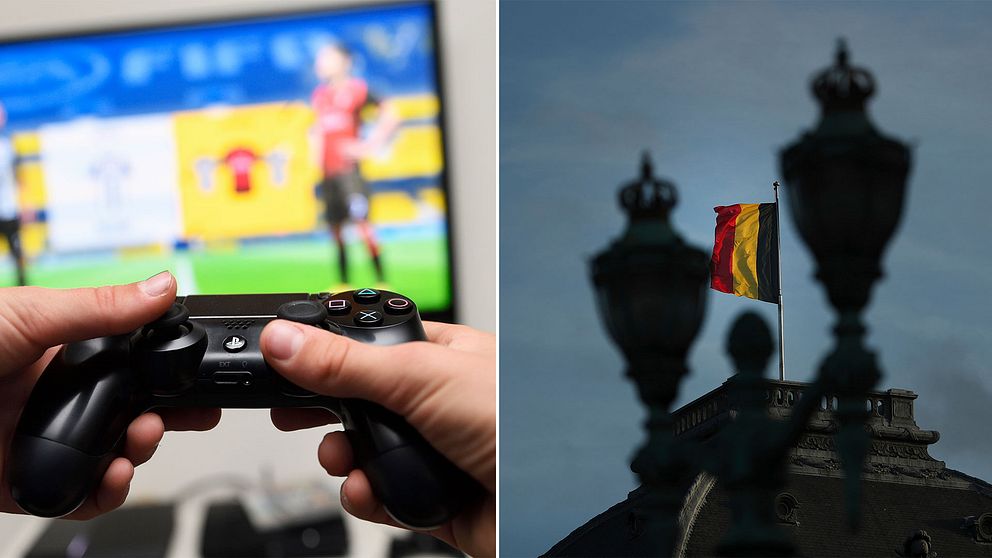 En bild på två händer som håller en tv-spelskontroll och en bild på den belgiska flaggan.