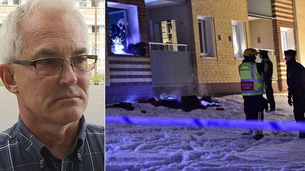 Porträtt på polisen Lars Liewenborg samt en bild på polis och räddningstjänst vid brandlägenheten.