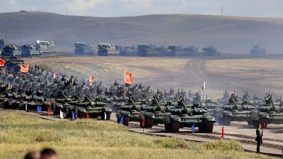 Kinesiska stridsvagnar under militärövningen Vostok 2018 i östra Sibirien i Ryssland den 13 september 2018.
