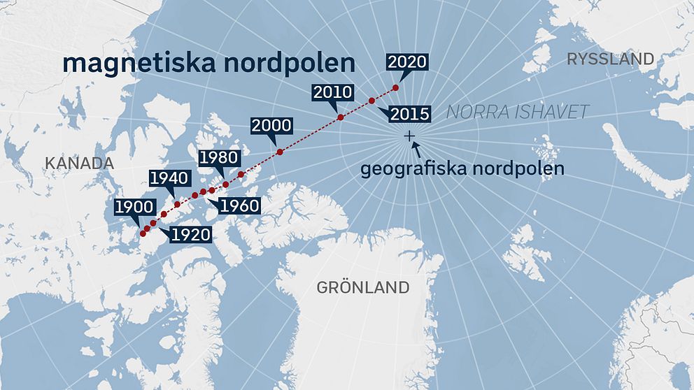 Den magnetiska nordpolen rör sig med ökande hastighet från Kanada mot Ryssland. Källa: World Data Center for Geomagnetism/universitetet i Kyoto.