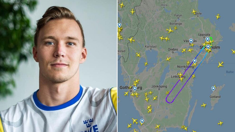 Isak Eliasson och en karta över flygets rutt