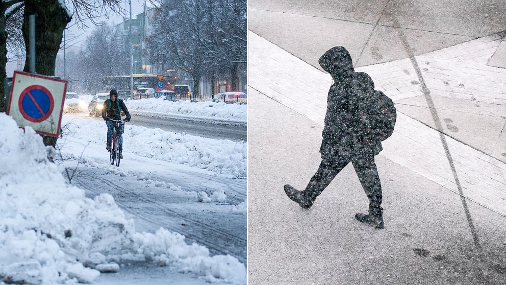 Personer som promenerar och cyklar i snö.
