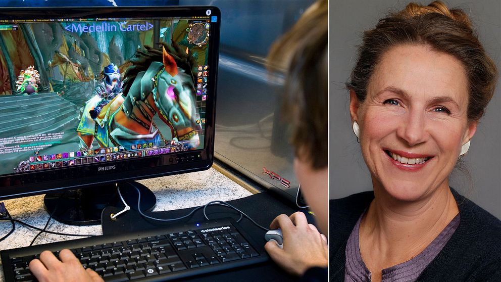 Till vänster: en pojke som spelar ”World of Warcraft” (WoW), arkivbild. Till höger: NRK-reportern Vicky Shaubert.