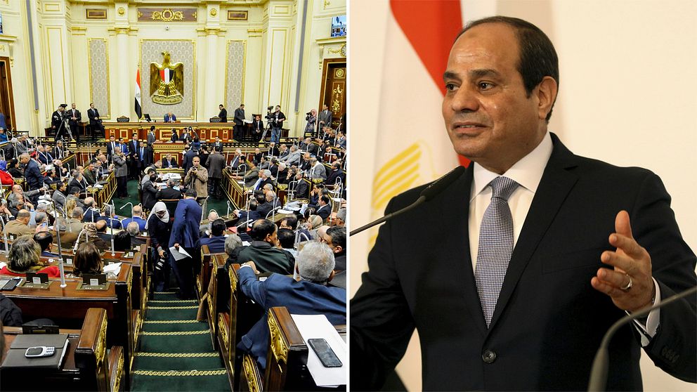 Bild på egyptiska parlamentet och en bild på Egyptens president Abddel Fattah al-Sisi.