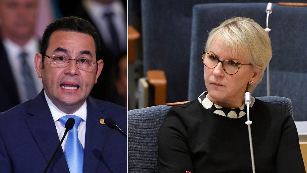 Utrikesminister Margot Wallström (t.h) kallar hem Sveriges ambassadör i Guatemala som en markering mot landet. T.h. Guatemalas president Jimmy Morales.
