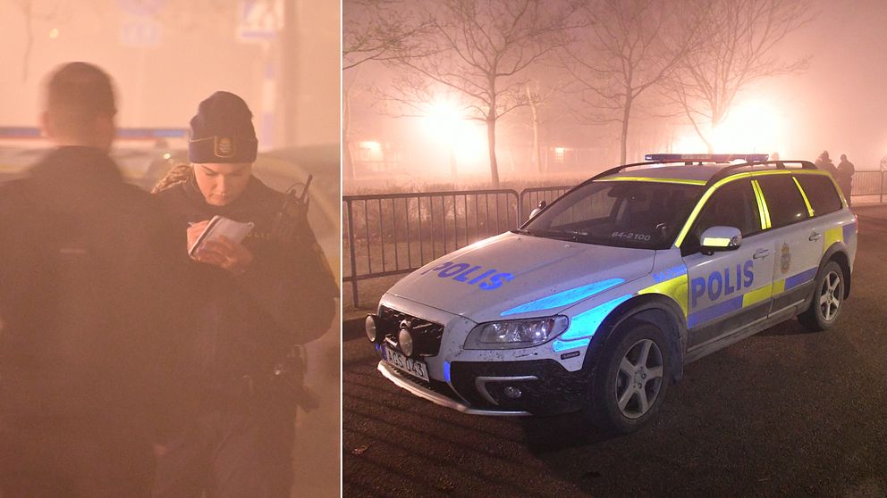 Polisen förhör ungdomarna på plats efter rånet. Rånarna tog deras mobiltelefoner men även jackor och i något fall även minst en tröja och en mössa, enligt SVT:s reporter på platsen.