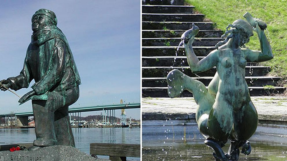 Till vänster Eino Hanskis Taubeskulptur vid Göteborgsoperan, till höger Carl Milles Najad i Botaniska trädgården, som även finns i Keillers park.