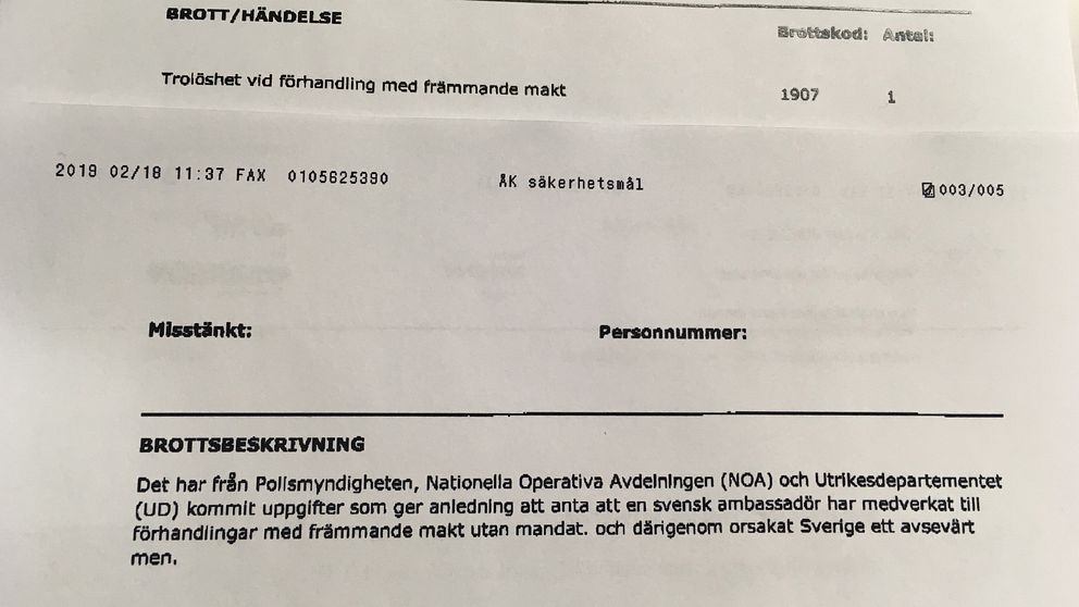 SVT Nyheter kan nu publicera Säpos beslut om det brott som den svenska ambassadören misstänks för. Säpo anser att ”Sverige orsakats avsevärt men” och väljer den hårdare brottsnivån ”trolöshet vid förhandling med främmande makt”. Ett brott som kan ge mellan två och tio års fängelse.