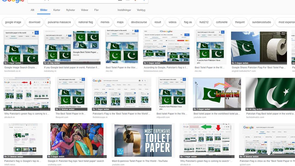 En bildsökning på ”best toilet paper in the world” ger en rad bilder på den pakistanska flaggan.