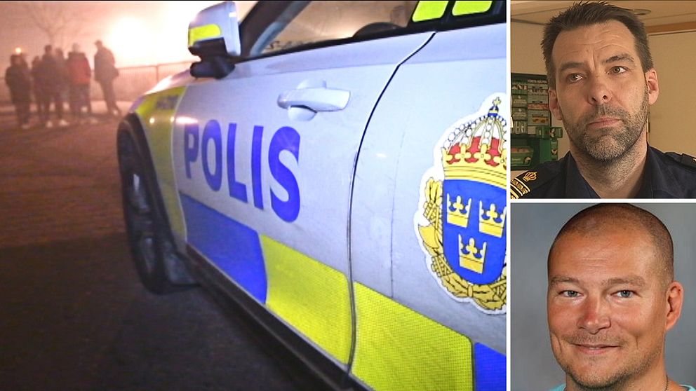 Polisbil samt bilder på polischef Patrik Isacsson och fältgruppens chef i Lund, Christian Stålros.