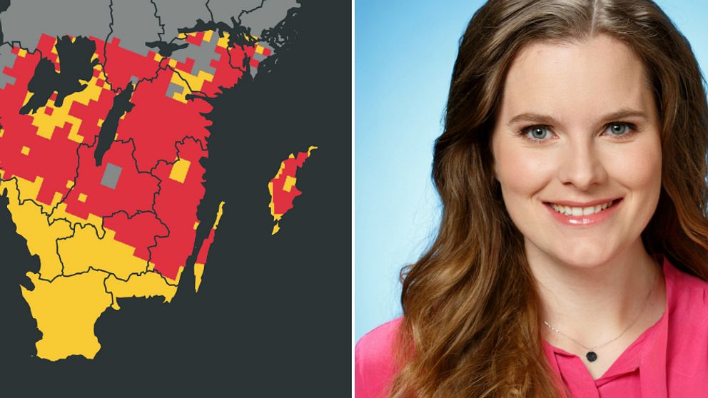 En karta som visar risk för gräsbränder och en bild på meteorolog Tora Tomasdottir.