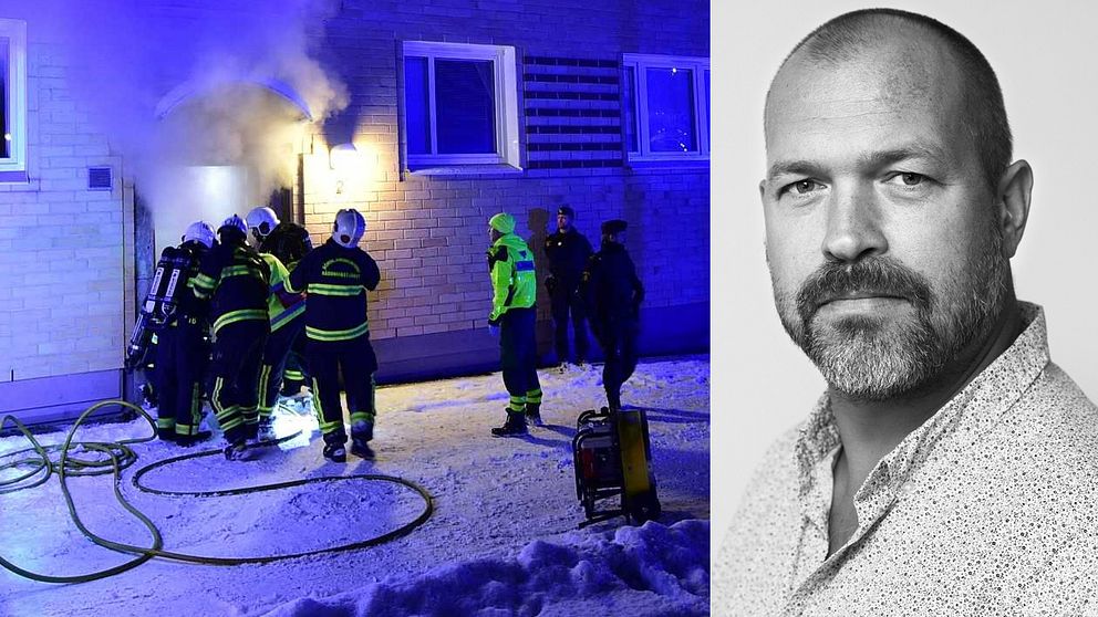 Räddningspersonal utanför det brinnande huset och en porträttbild Henrik Hägglund.