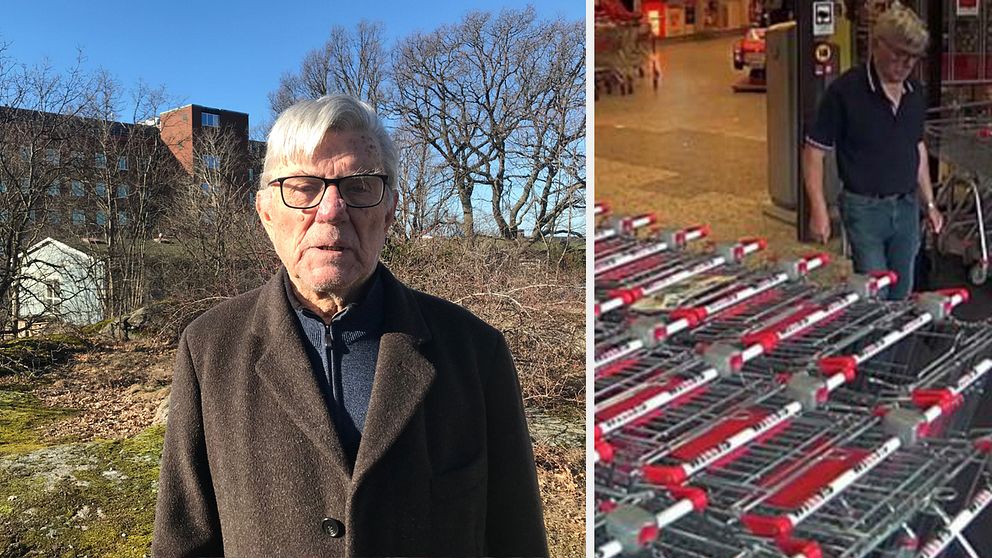 Börje Gunnarsson, 80, från Ronneby hade varit och handlat när han på vägen hem fick sin plånbok stulen av tjuvar. På övervakningsbilden syns hur han lämnar butiken.