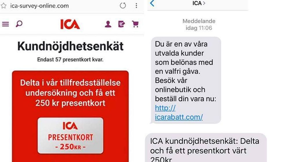 Exempel på SMS som skickats i ICA:s namn