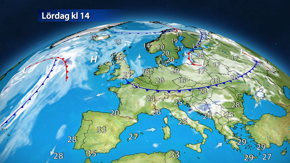 Lördag. Mycket varm luft ligger kvar över södra Europa och det kommer under lördagen bildas åskskurar från Italien bort mot Balkan. I norr tar den svalare luft över allt mer.