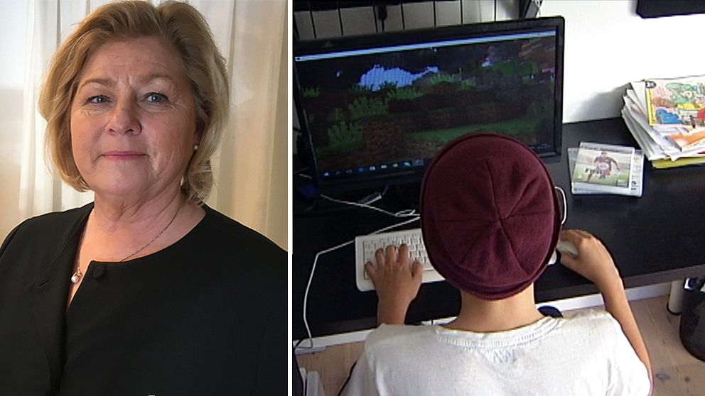 porträtt på en medelålders kvinna, och bild bakifrån på barn som spelar på datorn