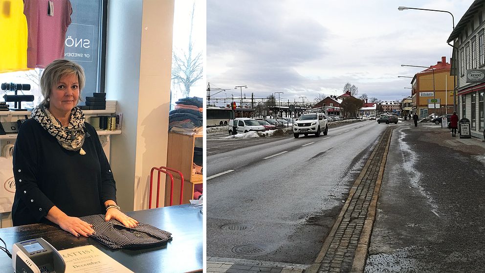 collage. vänster bildhalva: Kvinna bakom en disk. Höger bildhalva: En bilväg med bebyggelse runtom.
