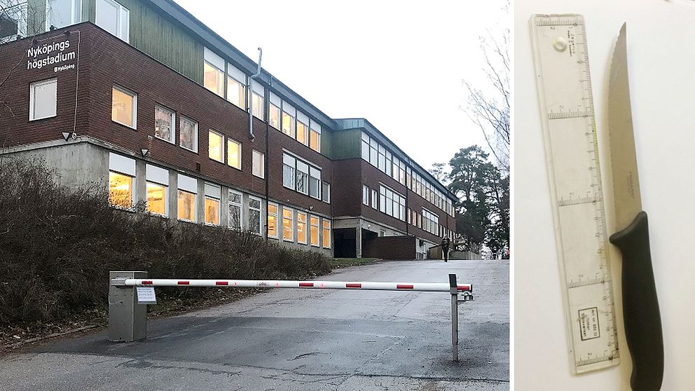 Omegaskolan, Nyköpings högstadium, samt kniven som den åtalade misstänks ha använt.