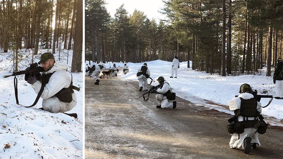 collage i 2 delar. Vänster del av collaget: Soldat siktar med vapen. Höger del av collaget: Flera soldater hukar på en väg.