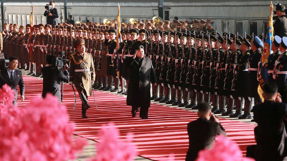 Kim Jong-Un i Pyongyang i Nordkorea inför avresan till Vietnam. Foto 23 feburari 2019.