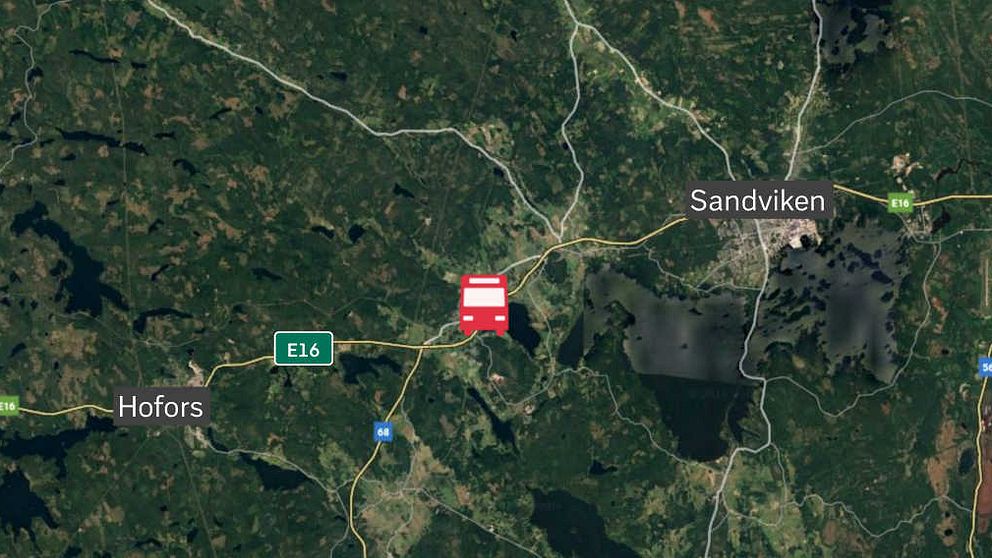 Karta över vilken sträcka bussen körde. E16 utsatt på kartan, samt Hofors och Sandviken.