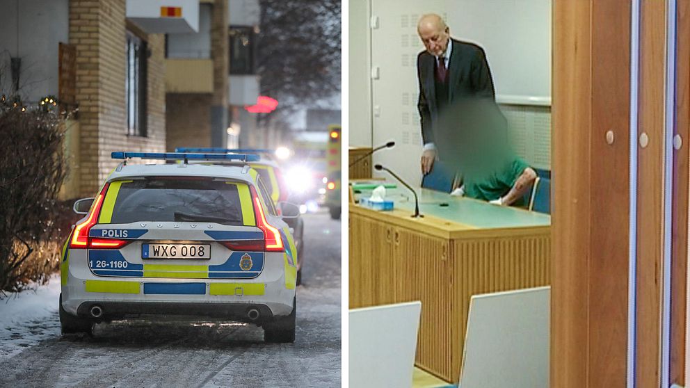 Arkivbild från polisinsatsen i samband med att kvinnan hittades skadad, och en bild på den misstänkte maken i rättssalen.