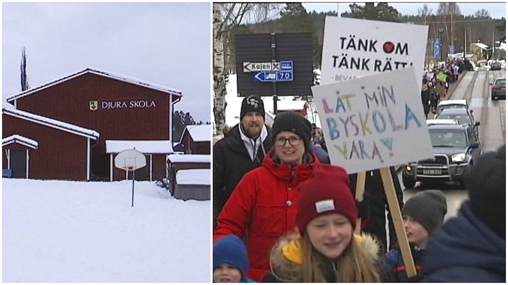 Djura skola, sida vid sida med ett protesttåg med vuxna och barn i Leksand.