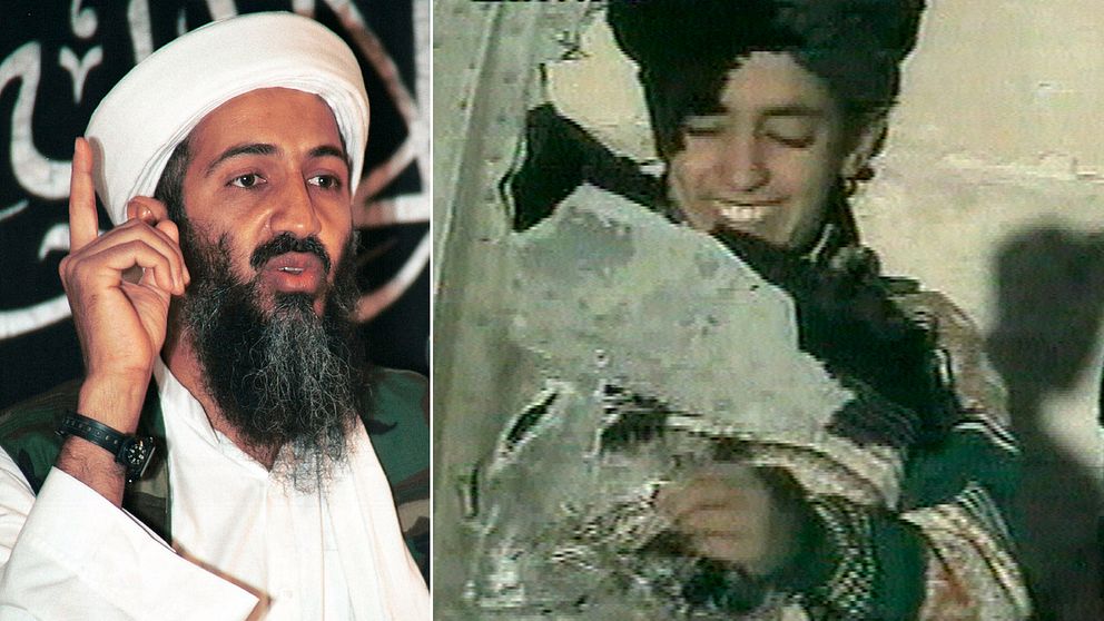 Till vänster Usama bin Ladin i Afghanistan 1998. Till höger sonen Hamza bin Ladin när han syntes i ett TV-inslag på Al Jazeera i november 2001. Sonen tros hålla i ett vrak från en amerikansk helikopter.