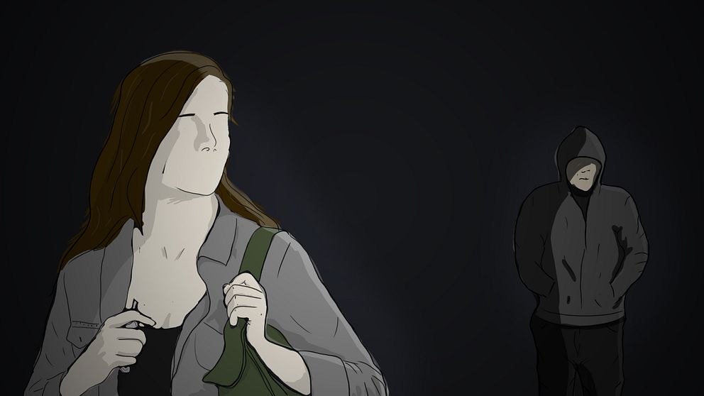 En tecknad bild aven anonym kvnna som ser sig över axeln och ser en man i luvtröja följa efter henne.