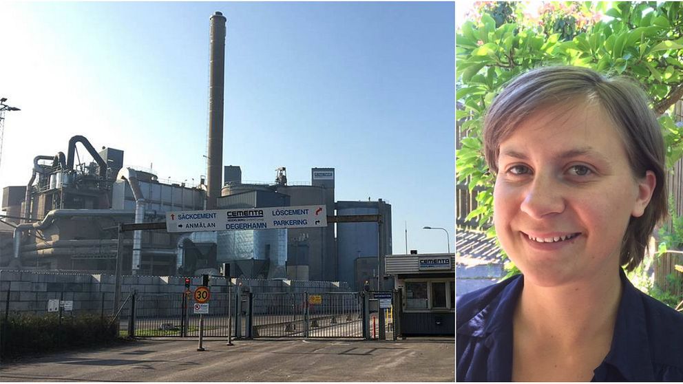 Bilden visar Eva Engström, en kvinna med brunt hår och lurigt leende i en Ölandsmiljö med doft av vår. Till vänster i bild har någon också klippt in en bild av Cementas nedlagda fabrik i Degerhamn.