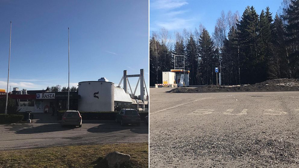 Rastplats med glassplitter på marken