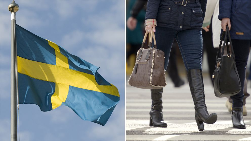 Bild på svenska flaggan samt två kvinnor som går med handväskor i handen.