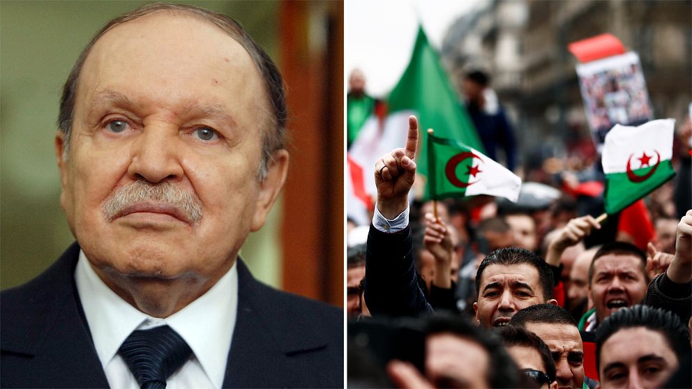 Arkivbild på Algeriets sittande president Abdelaziz Bouteflika och en bild på 2019-års protester.