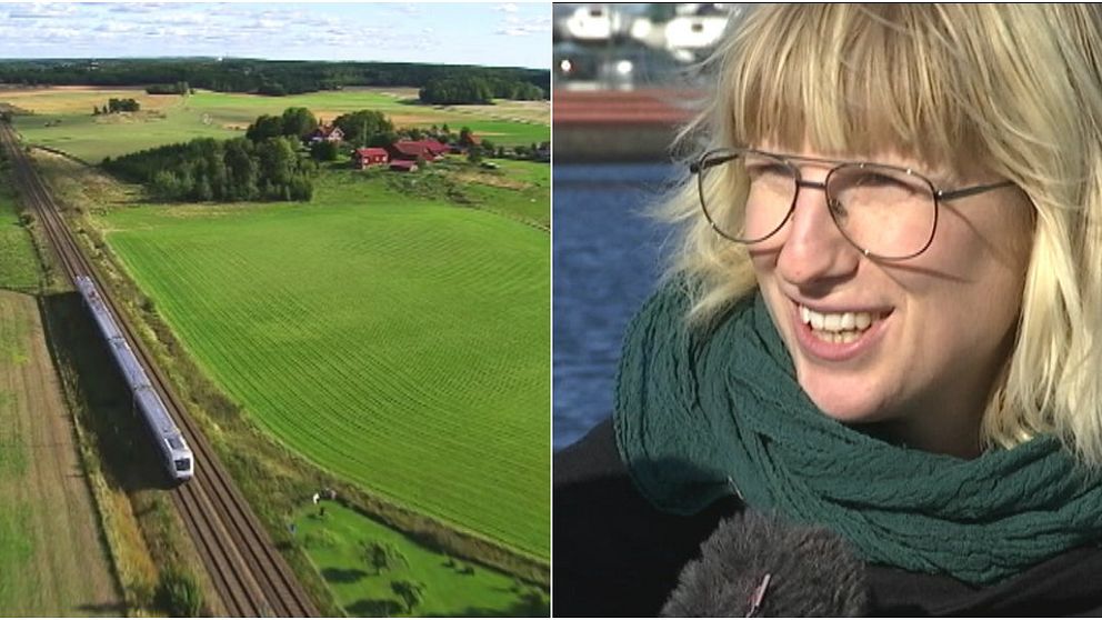 Ett tåg åker genom Sverige till vänster i bild, till höger syns Kristina Engdahl bli intervjuad av SVT:s reporter.