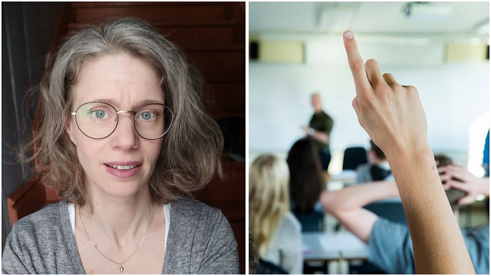 Två bilder. Sophia Malm och en hand uppsträckt i ett klassrum.