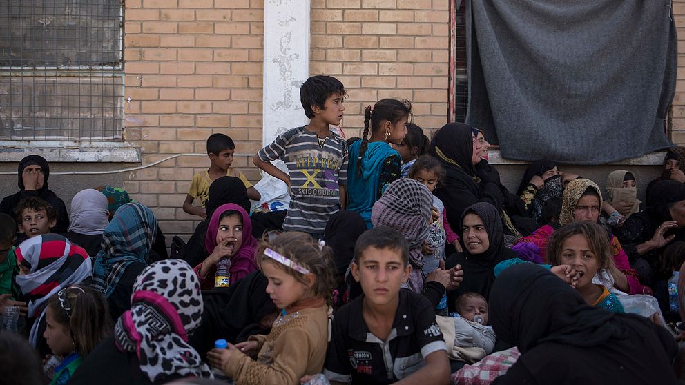 Barn i olika åldrar sitter utanför en byggnad i Irak.