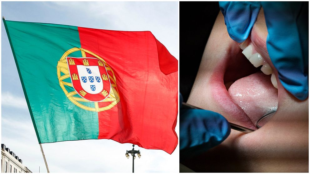 portugals flagga och en pojke som får tandvård