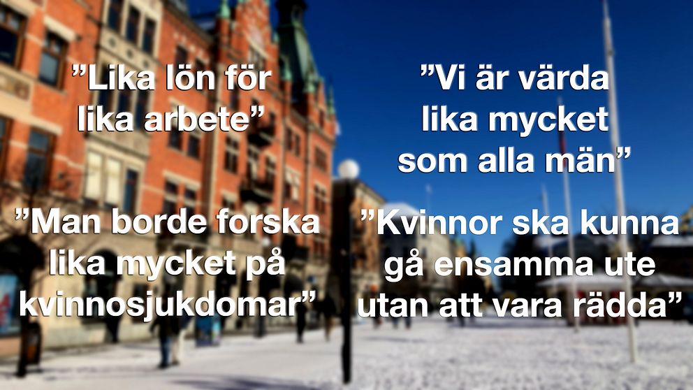 En mörk blurrig bakgrund på Sundsvalls stenstad med fyra olika citat med viktiga kvinnofrågor.