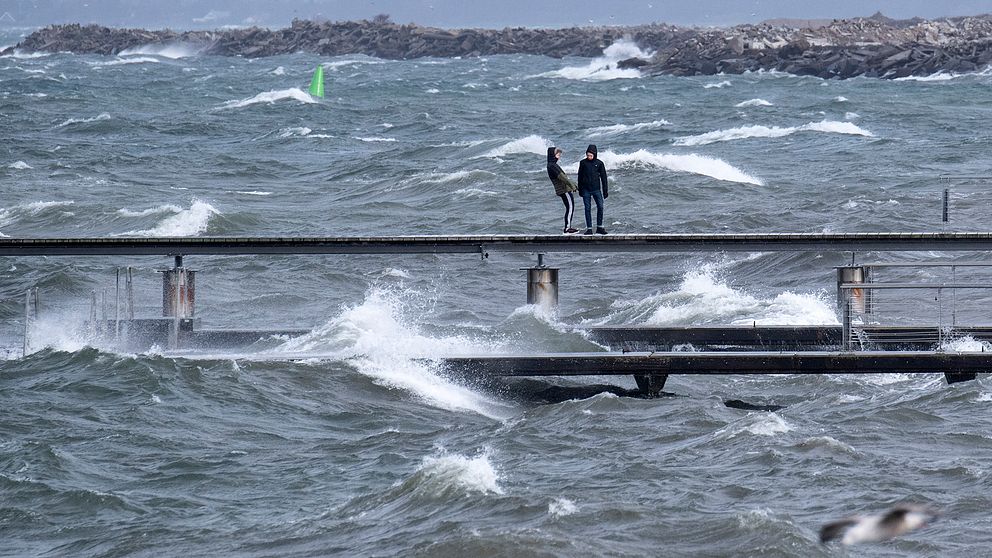 Stormspaning på Scaniabadet i Malmö under fredagen. Vindarna fortsätter under lördagen, men i mildare grad. SMHI har utfärdat en klass 1-varning för Skåne och Halland.