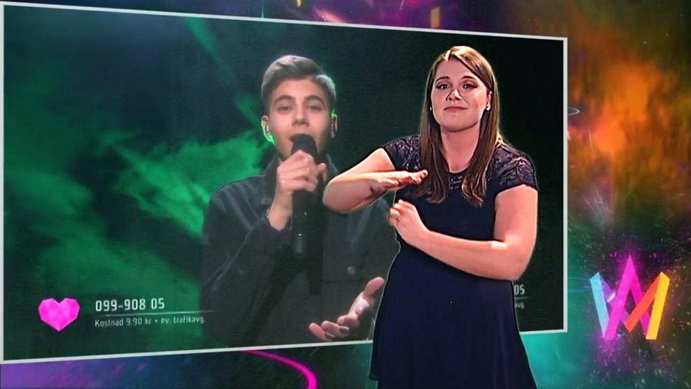 Teckenspråksartisten Jade Osbeck gestaltar Bisharas nummer i Melodifestivalen 2019.