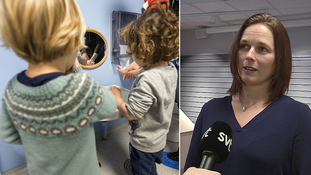 Barn på förskola tvättar händerna. Jessica Kjellén, förskolechef i Borås, intervjuas av SVT.