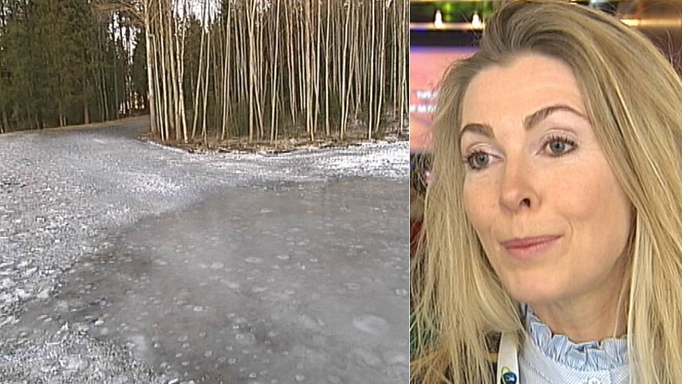 Bild på isigt skidspår och porträttbild på Karin Mattson, ordförande i Svenska Skidförbundet