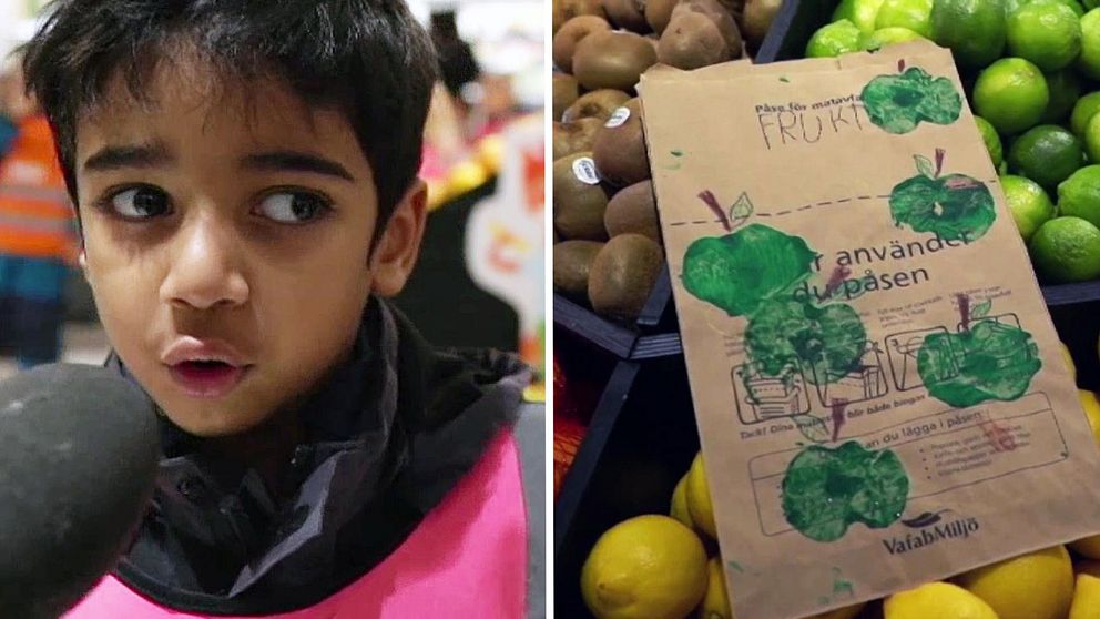 Ett barn, en papperspåse och grön frukt.