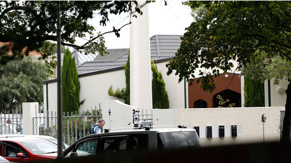 Masjid al Noor-moskén efter attentatet i Christchurch i Nya Zeeland den 15 mars 2019.
