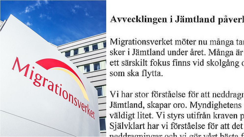 Bildmontage med en skylt för Migrationsverket och ett klipp ur brevet till kommunerna