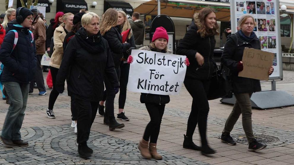 flicka med rosa mössa håller i klimatstrejk-skylt