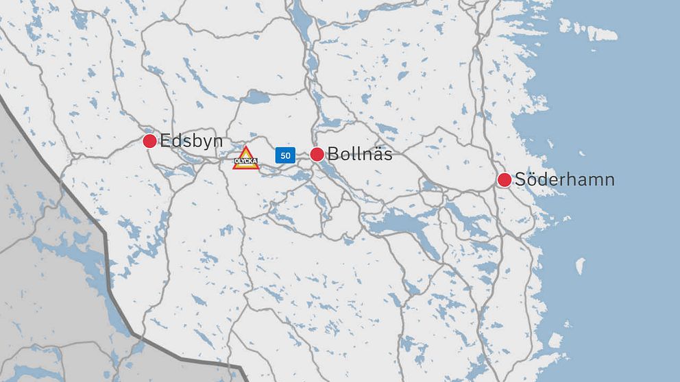 En karta av delar av Gävleborg där olycksplatsen finns utplacerad i form av en symbol för en skylt.